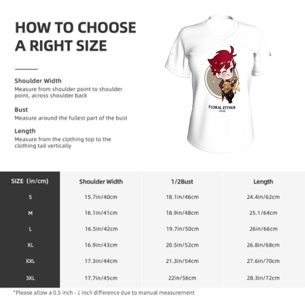 Terraglotte "2024 Genshin Instrument Series" Women's V-Neck T-Shirt - Floral Zither (Liyue)