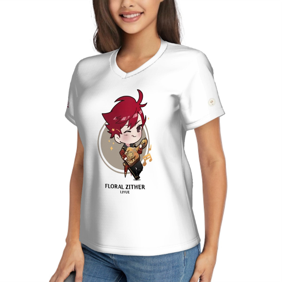 Terraglotte "2024 Genshin Instrument Series" Women's V-Neck T-Shirt - Floral Zither (Liyue)