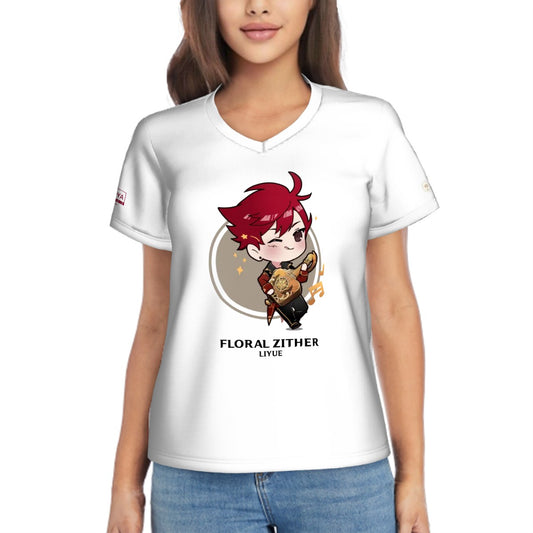 Terraglotte "2024 Genshin Instrument Series" Women's V-Neck T-Shirt - Floral Zither (Liyue)