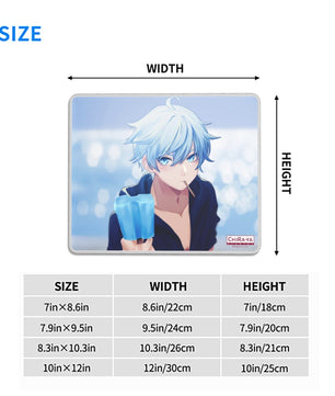 Chongyun anime mouse pad size chart with dimensions in inches and centimeters