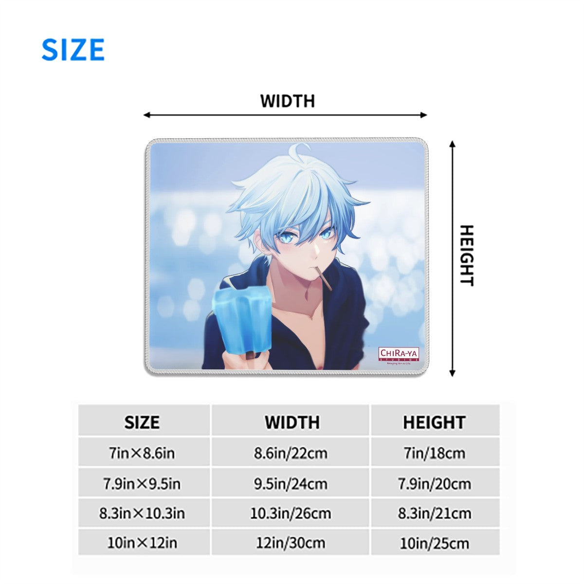 Chongyun anime mouse pad size chart with dimensions in inches and centimeters