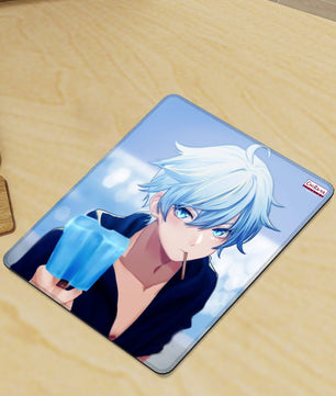 gaming desk with vertical anime mouse pad featuring Chongyun enjoying a popsicle