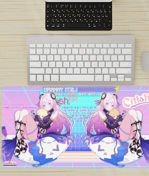 desk setup with extra large anime mouse pad featuring Citlali hugging Aether and Lumine plushies
