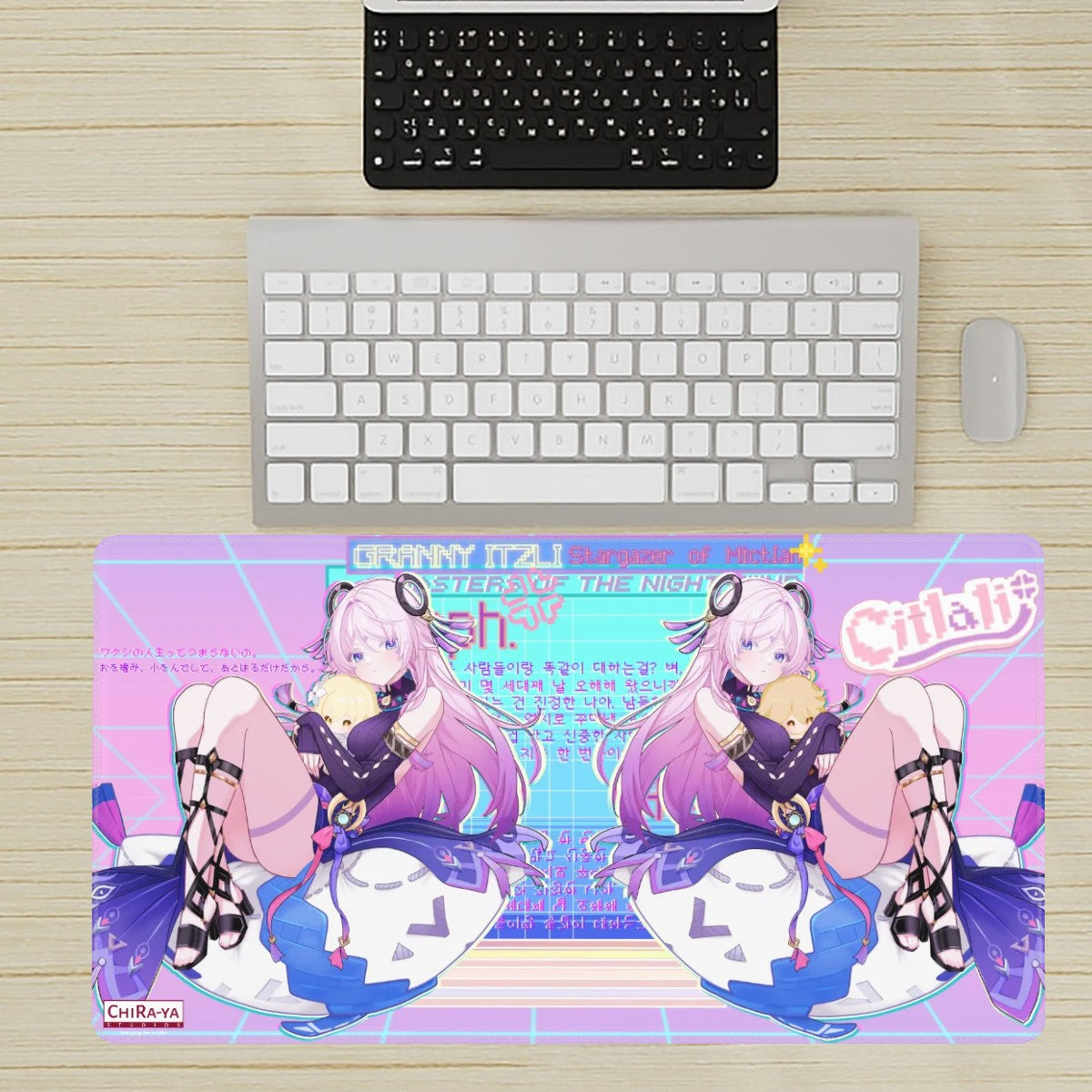 desk setup with extra large anime mouse pad featuring Citlali hugging Aether and Lumine plushies