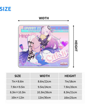 Citlali anime mouse pad size chart with dimensions in inches and centimeters