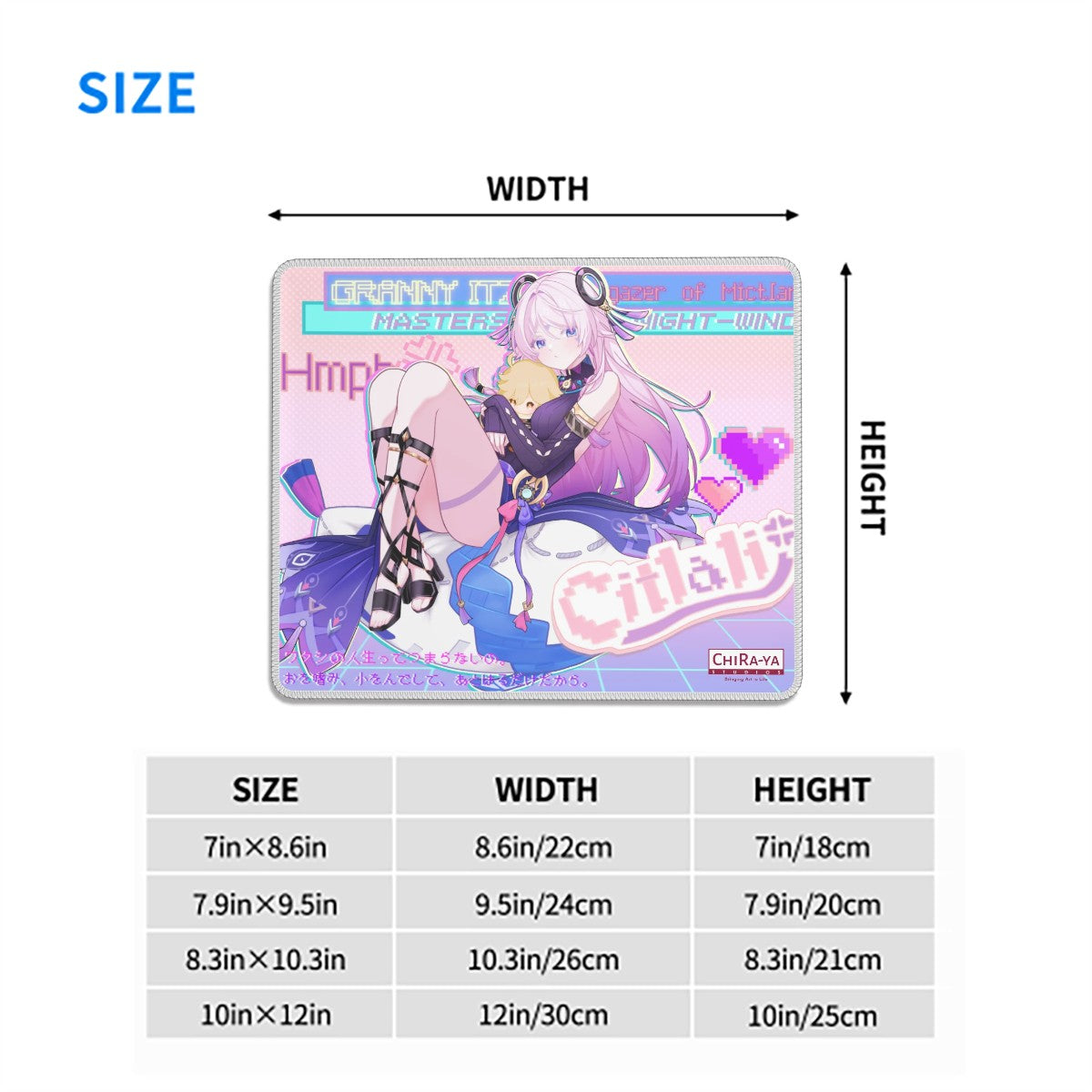 Citlali anime mouse pad size chart with dimensions in inches and centimeters