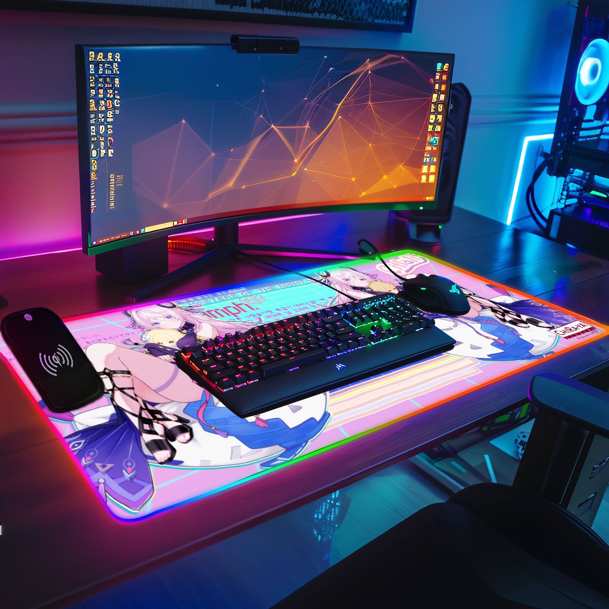 gaming desk setup with anime RGB mouse pad featuring Citlali hugging Aether and Lumine plushies