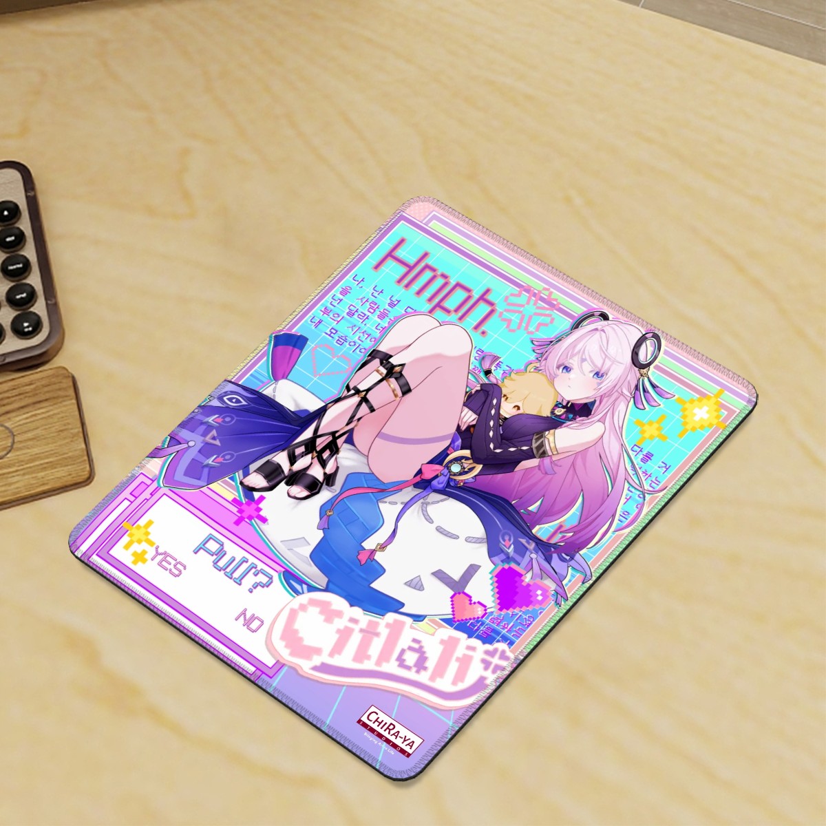 gaming desk with vertical anime mouse pad featuring Citlali hugging an Aether plushie