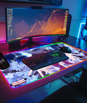 gaming desk setup with anime RGB mouse pad featuring Columbina 