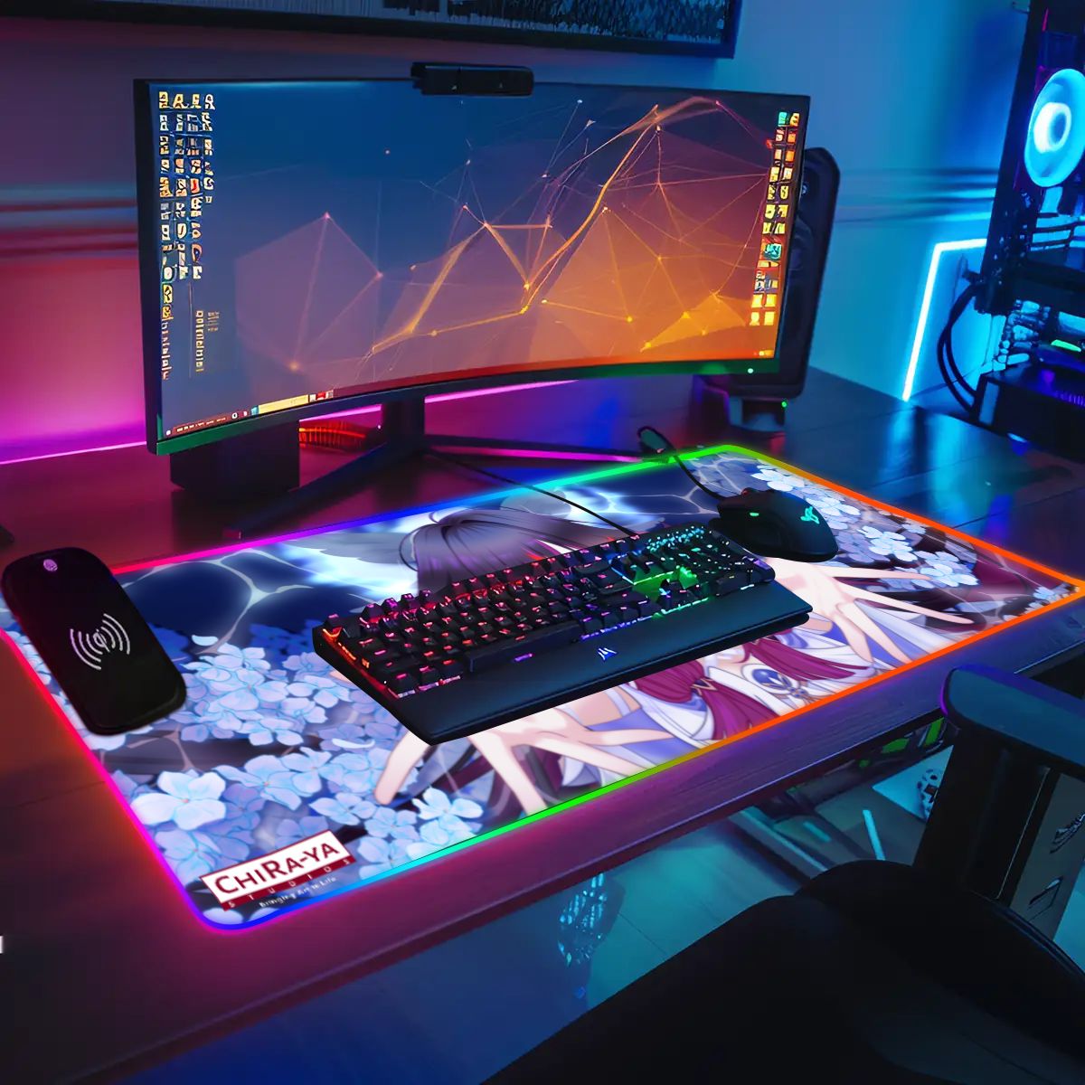 gaming desk setup with anime RGB mouse pad featuring Columbina 