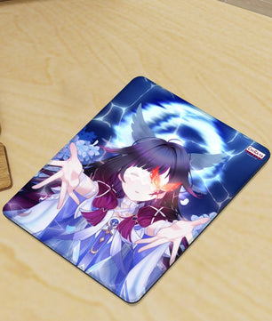 gaming desk with vertical anime mouse pad featuring Columbina
