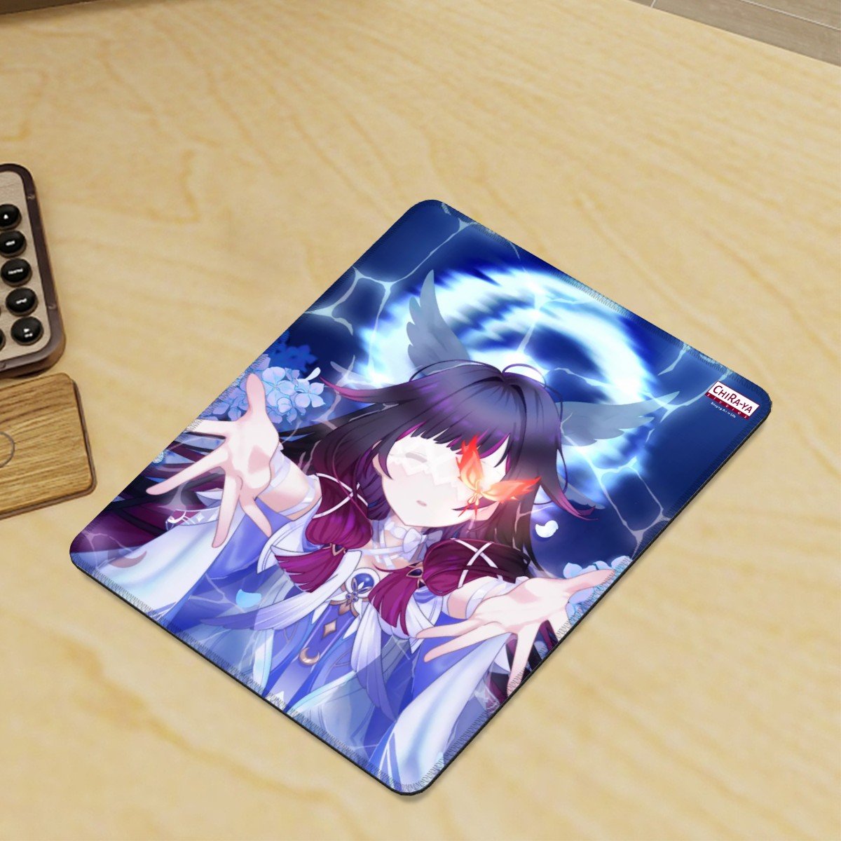 gaming desk with vertical anime mouse pad featuring Columbina