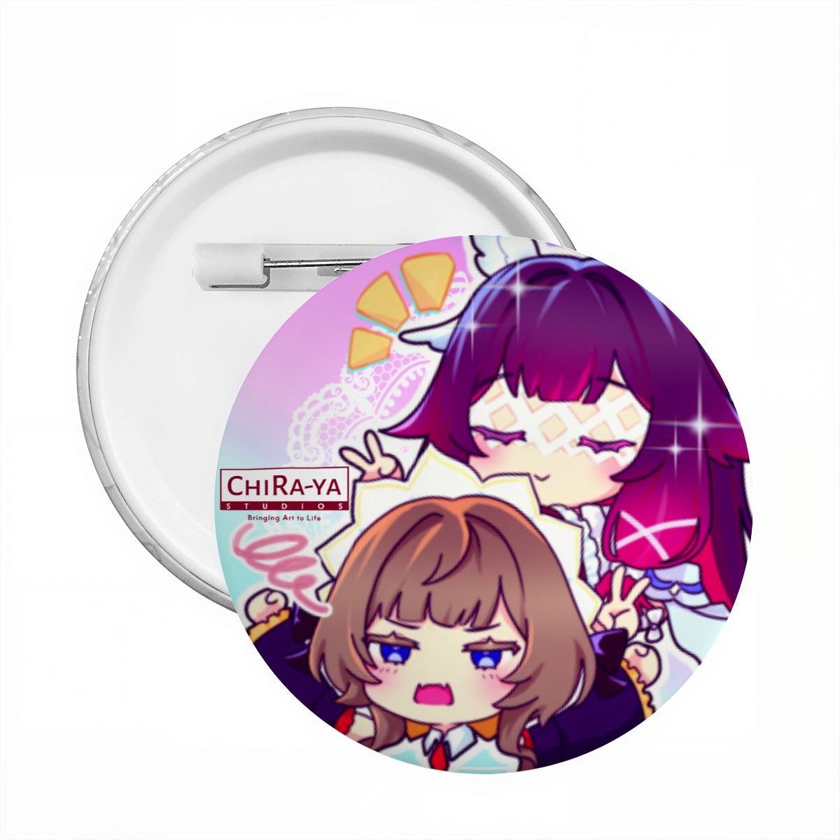 Columbina x Sandrone chibi pin badge front and back detail