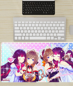 desk setup with extra large anime mouse pad featuring Columbina and Sandrone