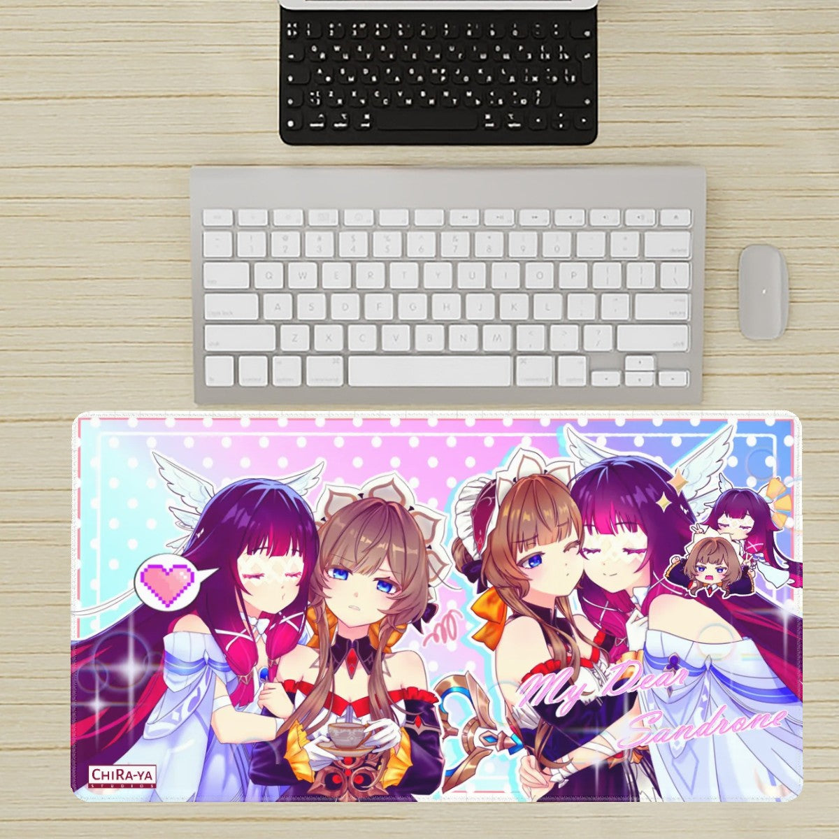 desk setup with extra large anime mouse pad featuring Columbina and Sandrone