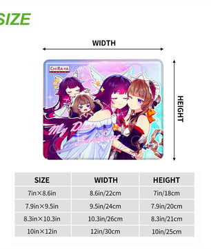 Columbina and Sandrone anime mouse pad size chart with dimensions in inches and centimeters