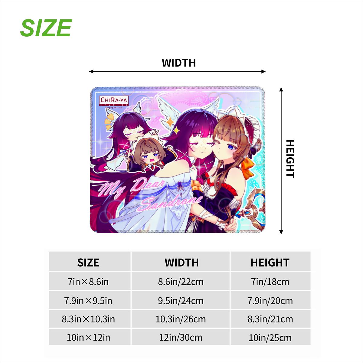 Columbina and Sandrone anime mouse pad size chart with dimensions in inches and centimeters