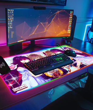 gaming desk setup with anime RGB mouse pad featuring Columbina and Sandrone