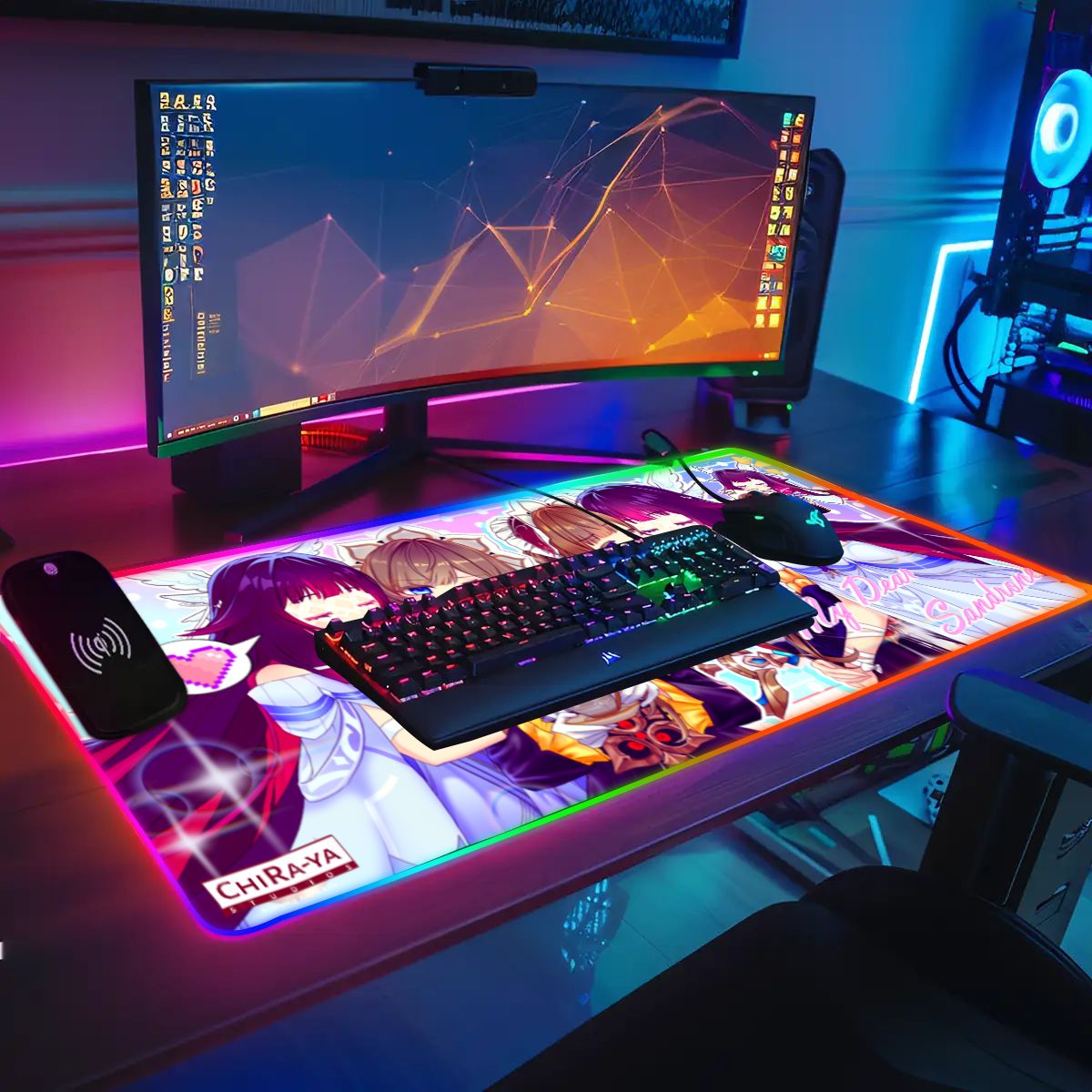 gaming desk setup with anime RGB mouse pad featuring Columbina and Sandrone