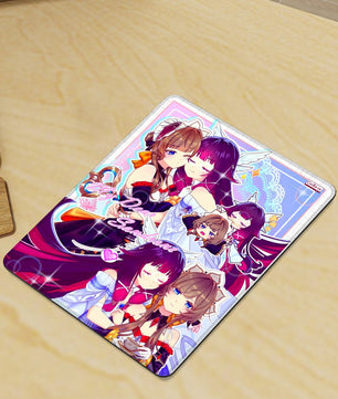 gaming desk with vertical anime mouse pad featuring Columbina and Sandrone