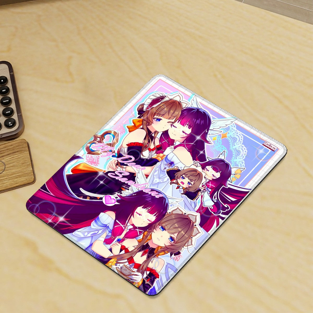 gaming desk with vertical anime mouse pad featuring Columbina and Sandrone