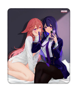 Genshin Impact Raiden Ei and Yae Miko (Bedroom Selfie) anime vertical gaming mouse pad by Chiraya Studios
