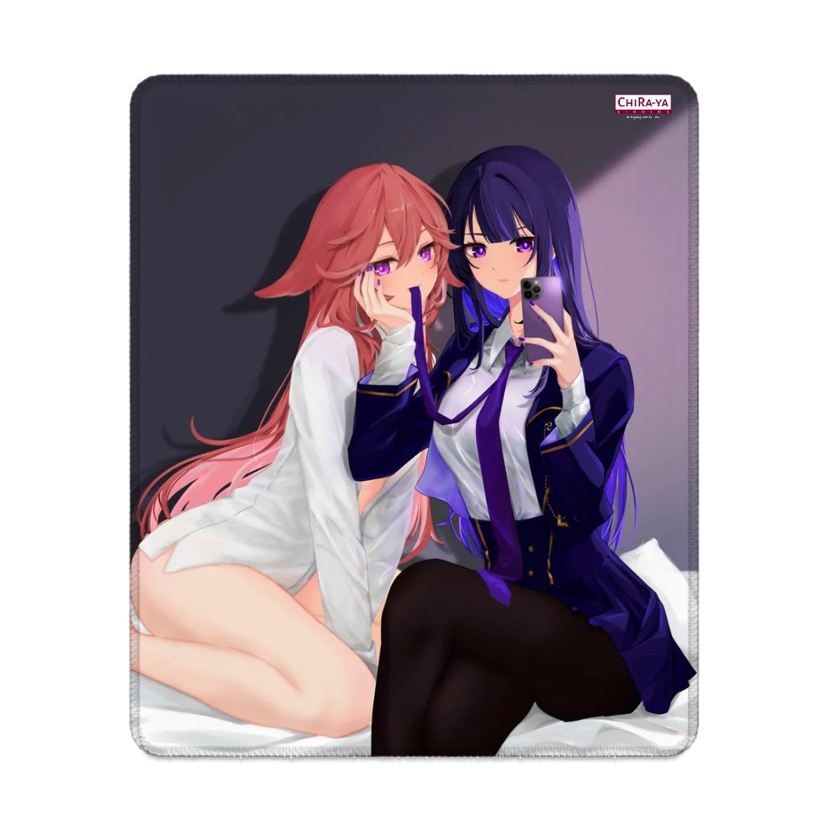 Genshin Impact Raiden Ei and Yae Miko (Bedroom Selfie) anime vertical gaming mouse pad by Chiraya Studios