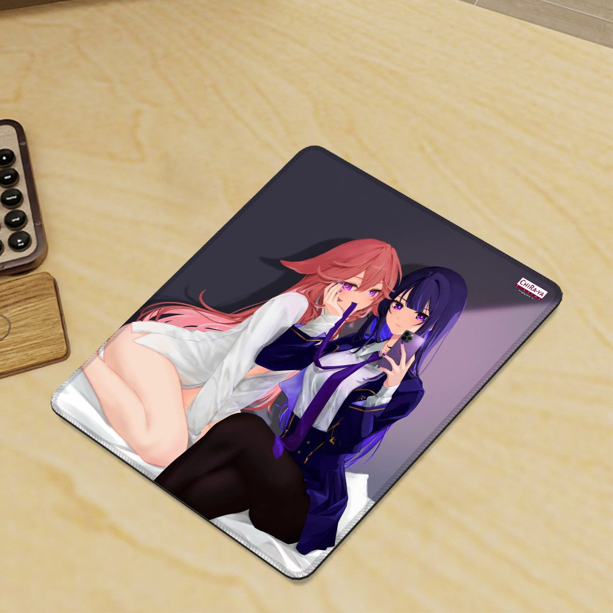 gaming desk with vertical anime mouse pad featuring EiMiko