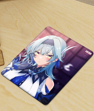 gaming desk with vertical anime mouse pad featuring Eula's night out at Angel's Share