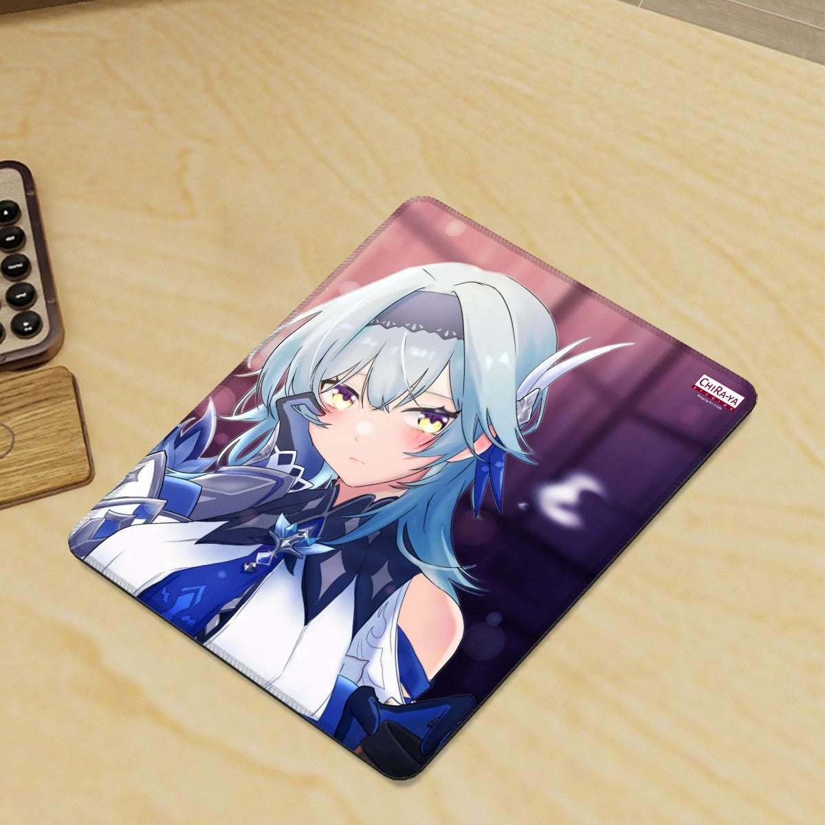 gaming desk with vertical anime mouse pad featuring Eula's night out at Angel's Share