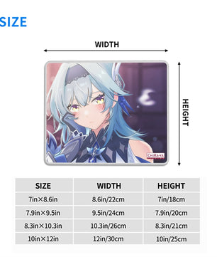 Eula anime mouse pad size chart with dimensions in inches and centimeters