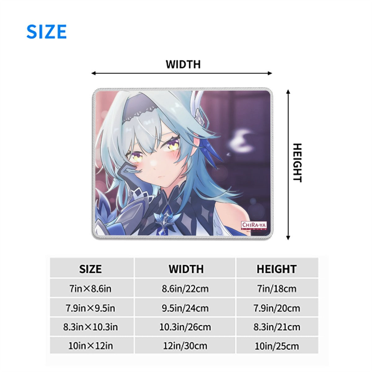 Eula anime mouse pad size chart with dimensions in inches and centimeters