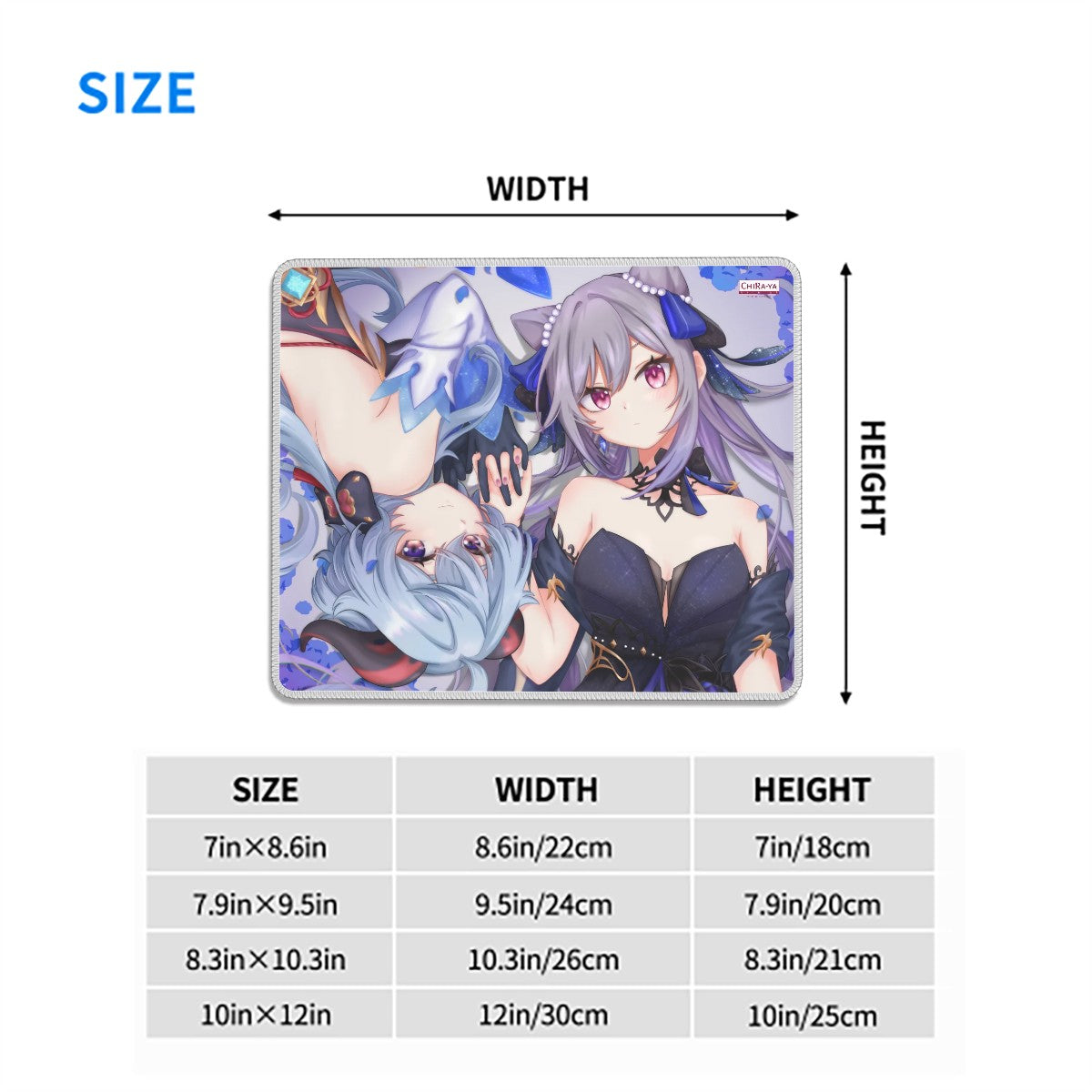 Ganyu and Keqing anime mouse pad size chart with dimensions in inches and centimeters