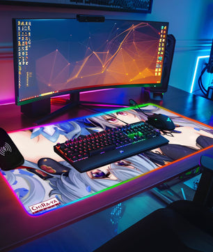 gaming desk setup with anime RGB mouse pad featuring Ganyu and Keqing