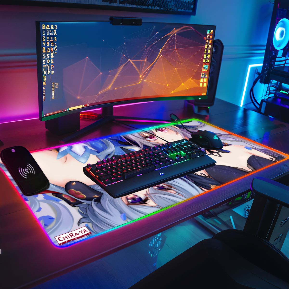 gaming desk setup with anime RGB mouse pad featuring Ganyu and Keqing