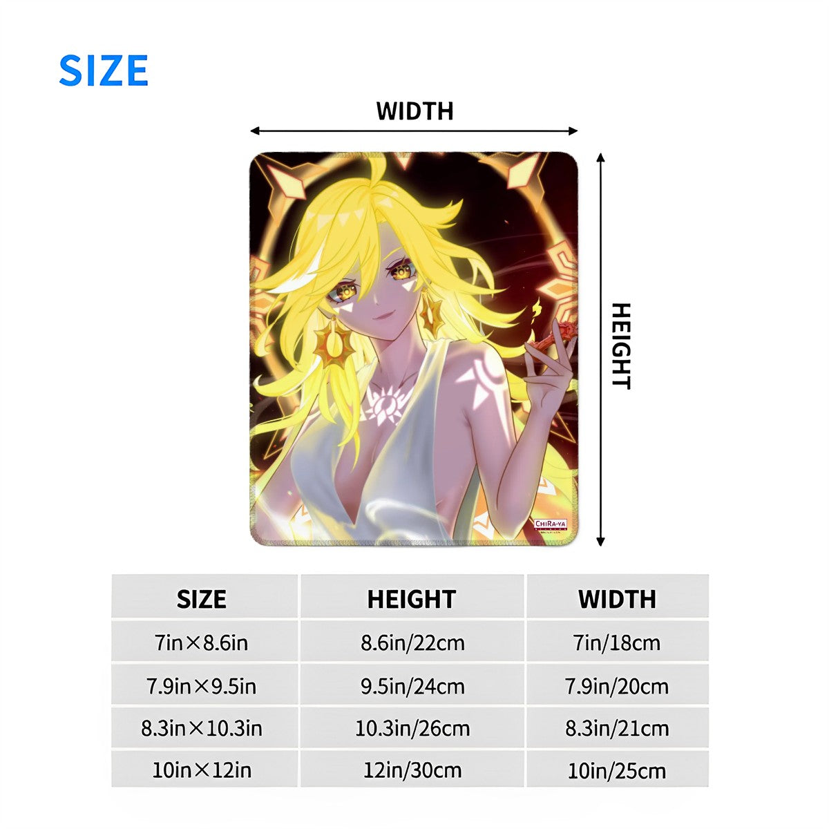 Mavuika vertical gaming mousepad product size chart in inches and centimeters.