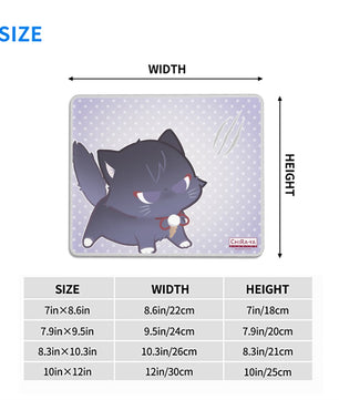 Scarameow anime mouse pad size chart with dimensions in inches and centimeters