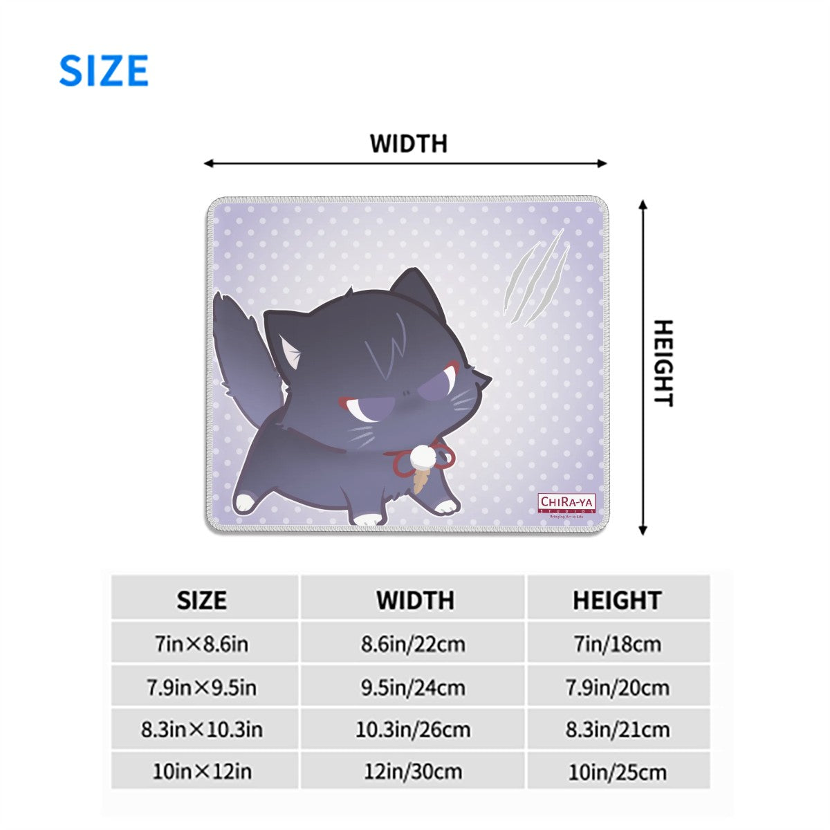 Scarameow anime mouse pad size chart with dimensions in inches and centimeters