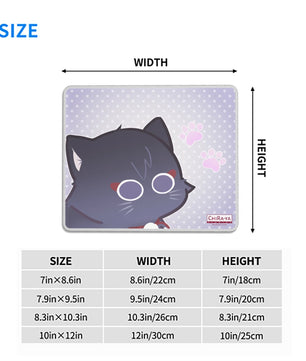 Scarameow anime mouse pad size chart with dimensions in inches and centimeters