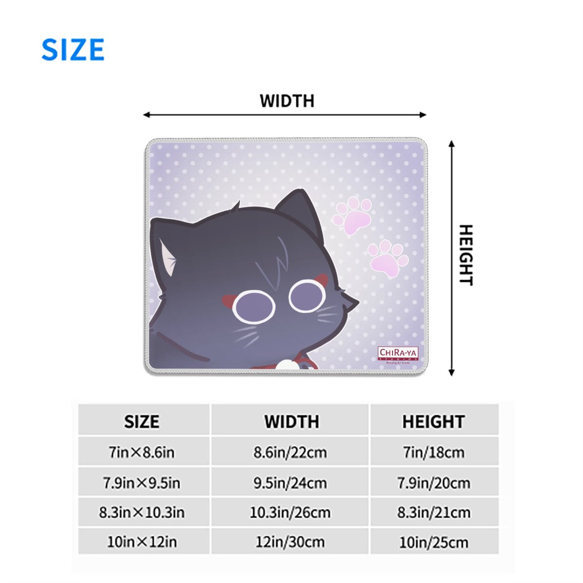 Scarameow anime mouse pad size chart with dimensions in inches and centimeters