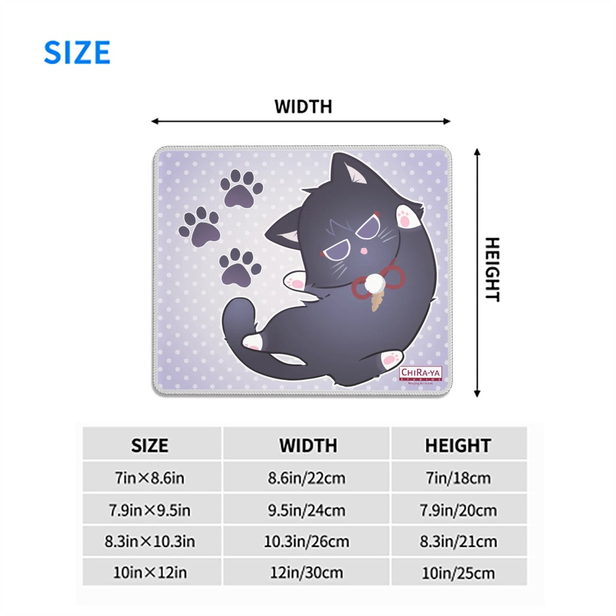 Scarameow anime mouse pad size chart with dimensions in inches and centimeters