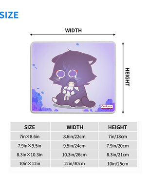 Scarameow anime mouse pad size chart with dimensions in inches and centimeters