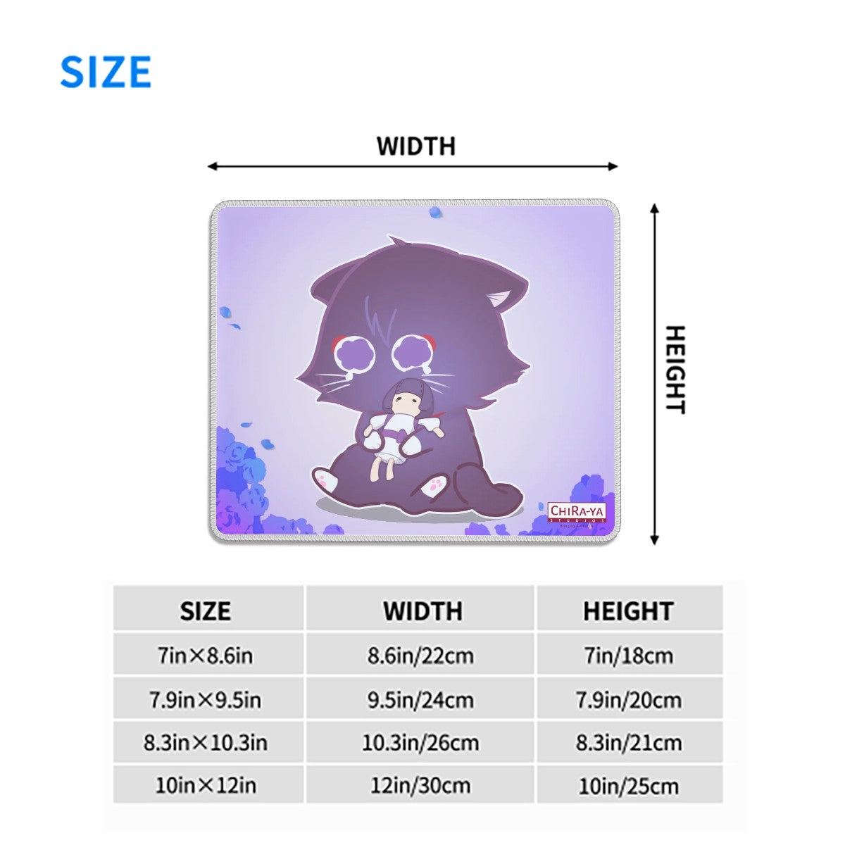 Scarameow anime mouse pad size chart with dimensions in inches and centimeters