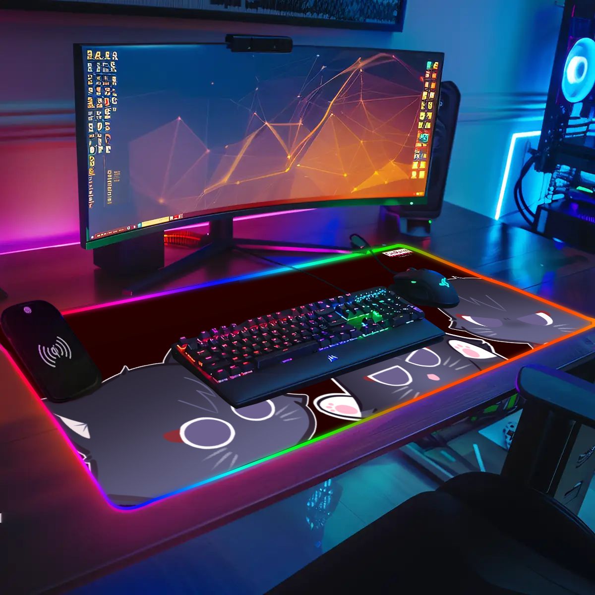 gaming desk setup with anime RGB mouse pad featuring various Scarameow emotions