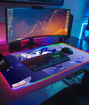 gaming desk setup with anime RGB mouse pad featuring Skirk