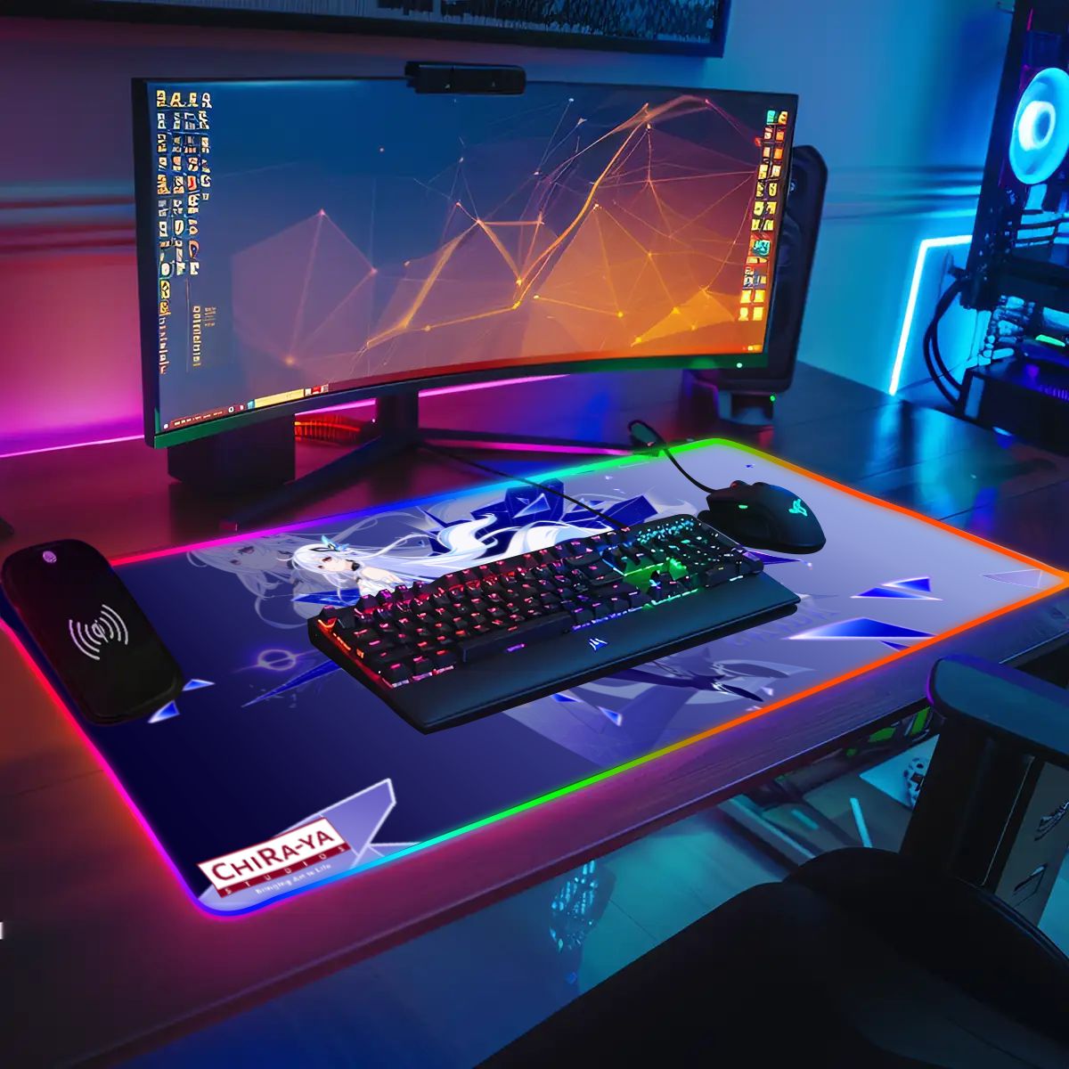 gaming desk setup with anime RGB mouse pad featuring Skirk