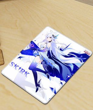 gaming desk with vertical anime mouse pad featuring Skirk in white background