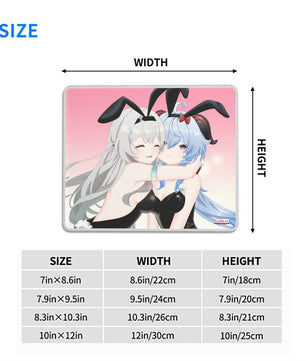 Firefly and Ganyu (Bunny girlies) anime mouse pad size chart with dimensions in inches and centimeters