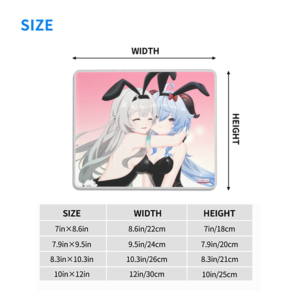 Firefly and Ganyu (Bunny girlies) anime mouse pad size chart with dimensions in inches and centimeters