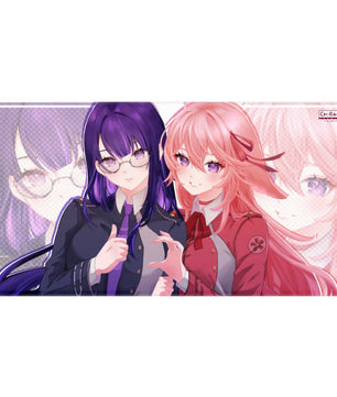 Genshin Impact x Lycoris Recoil extra large anime gaming mouse pad by Chiraya Studios featuring Raiden Ei and Yae Miko dressed as Takina and Chisato 
